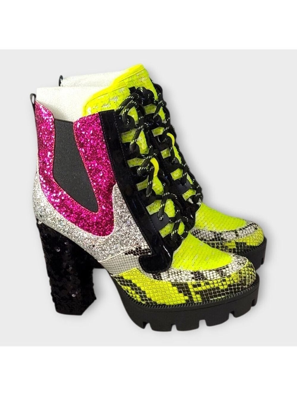 Cape Robbin Nell Glitter Chunky Block High Heel Platform Ankle Lace Up Boots 9M